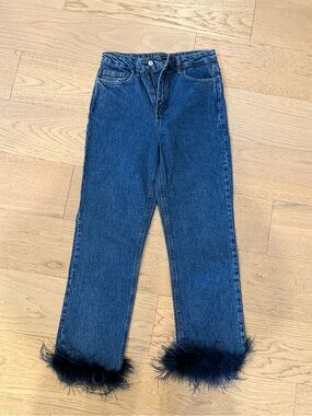 Dark Blue Women's Straight-Leg Jeans with Feather Trim
